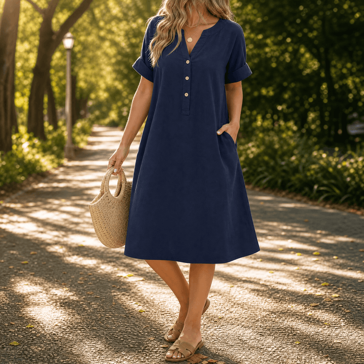 Sunhara – Women's Breezy V-Neck Boho Sundress with Pockets Navy