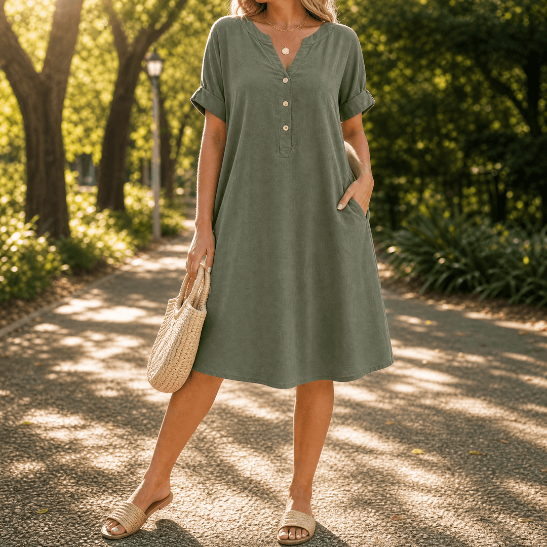 Sunhara – Women's Breezy V-Neck Boho Sundress with Pockets Olive Green