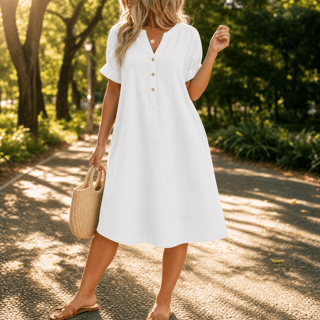 Sunhara – Women's Breezy V-Neck Boho Sundress with Pockets White