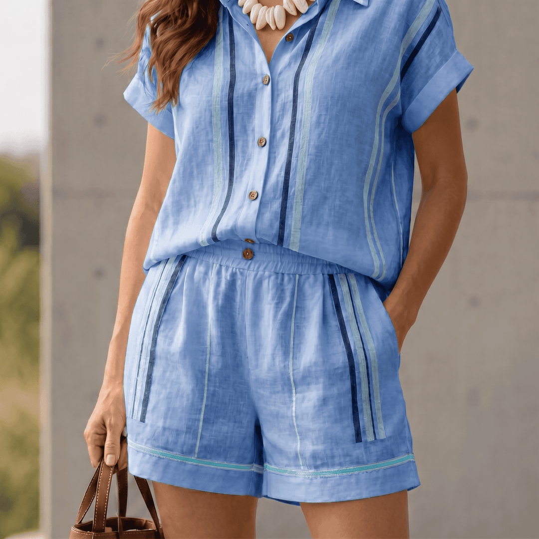 Tara – Women's Coastal Striped Shirt and Shorts Set Blue /