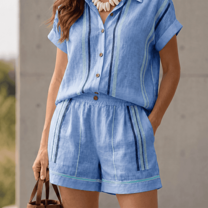 Tara – Women's Coastal Striped Shirt and Shorts Set Blue /