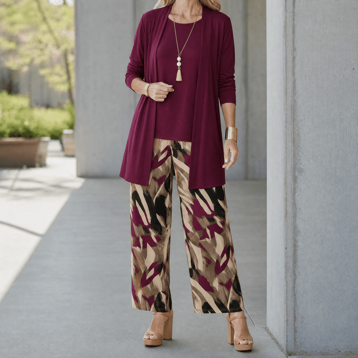 Taylor – Women's Elegant 3-Piece Cardigan Set Deep Burgundy / S