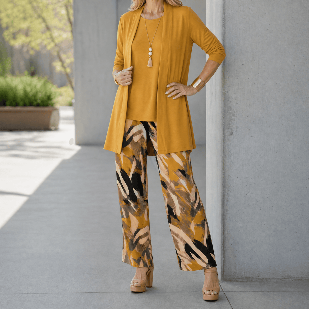 Taylor – Women's Elegant 3-Piece Cardigan Set Warm Mustard / S