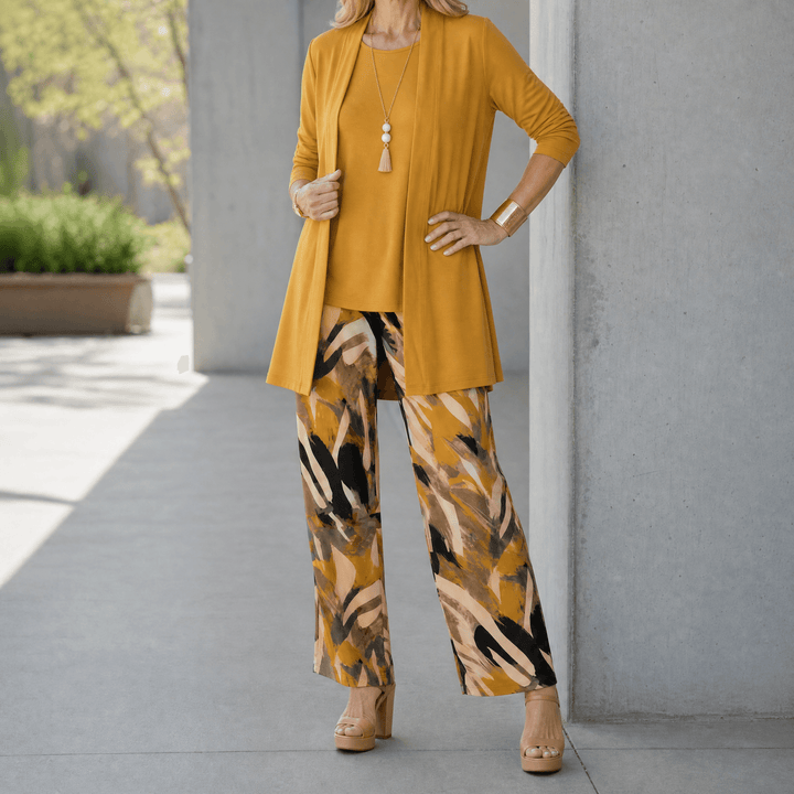 Taylor – Women's Elegant 3-Piece Cardigan Set Warm Mustard / S