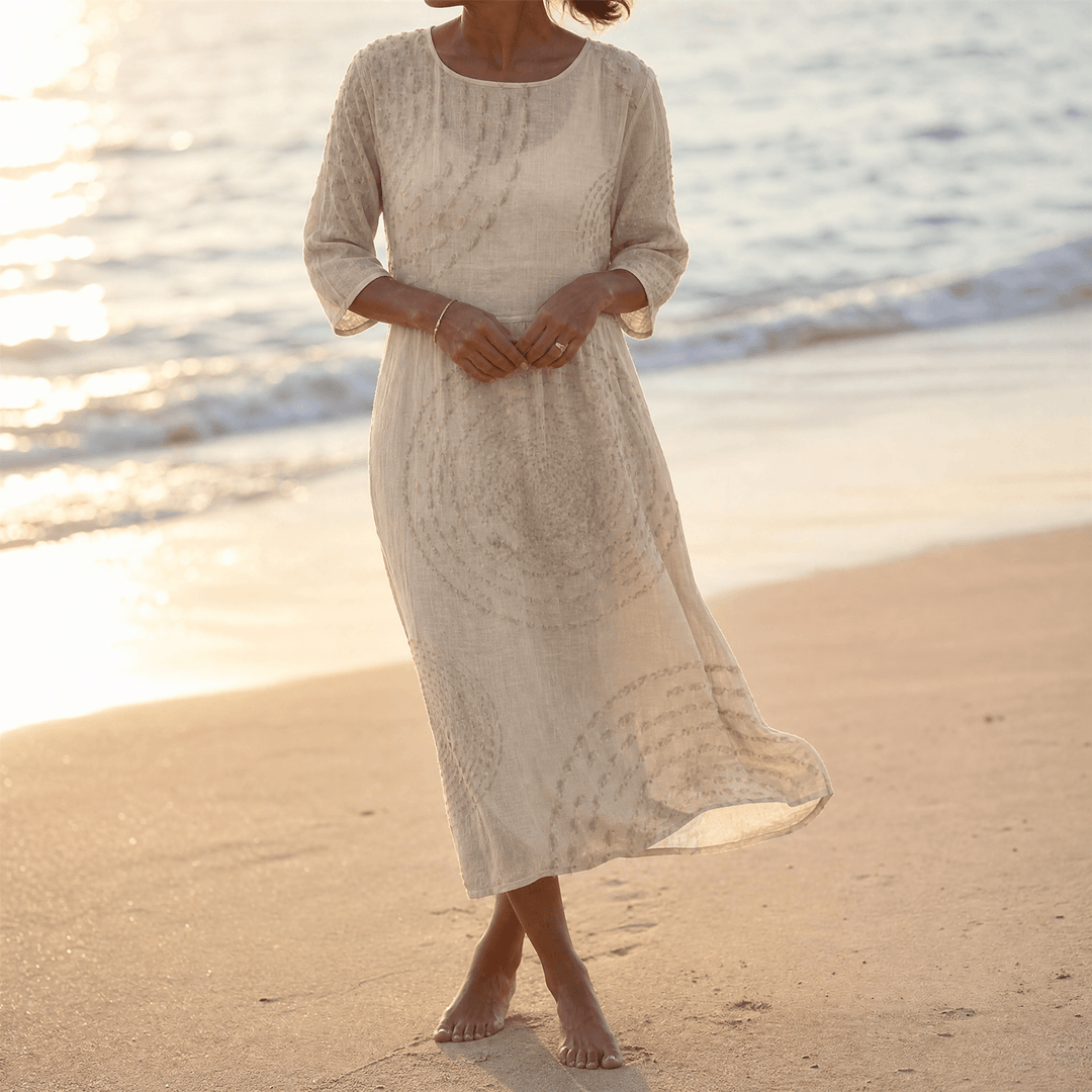 Tessara – Embossed Texture Midi Dress for Women Beige