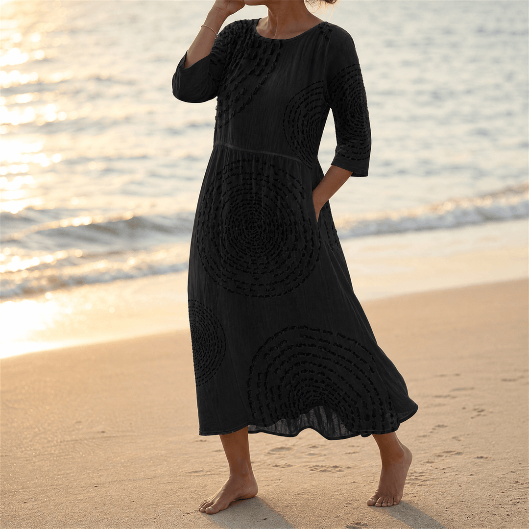 Tessara – Embossed Texture Midi Dress for Women Black