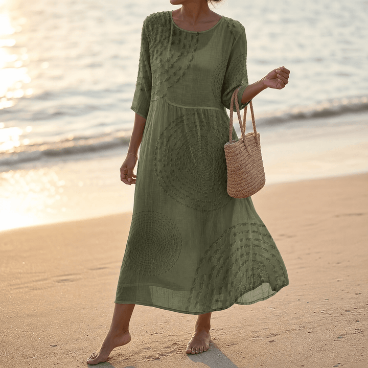 Tessara – Embossed Texture Midi Dress for Women Sage Green