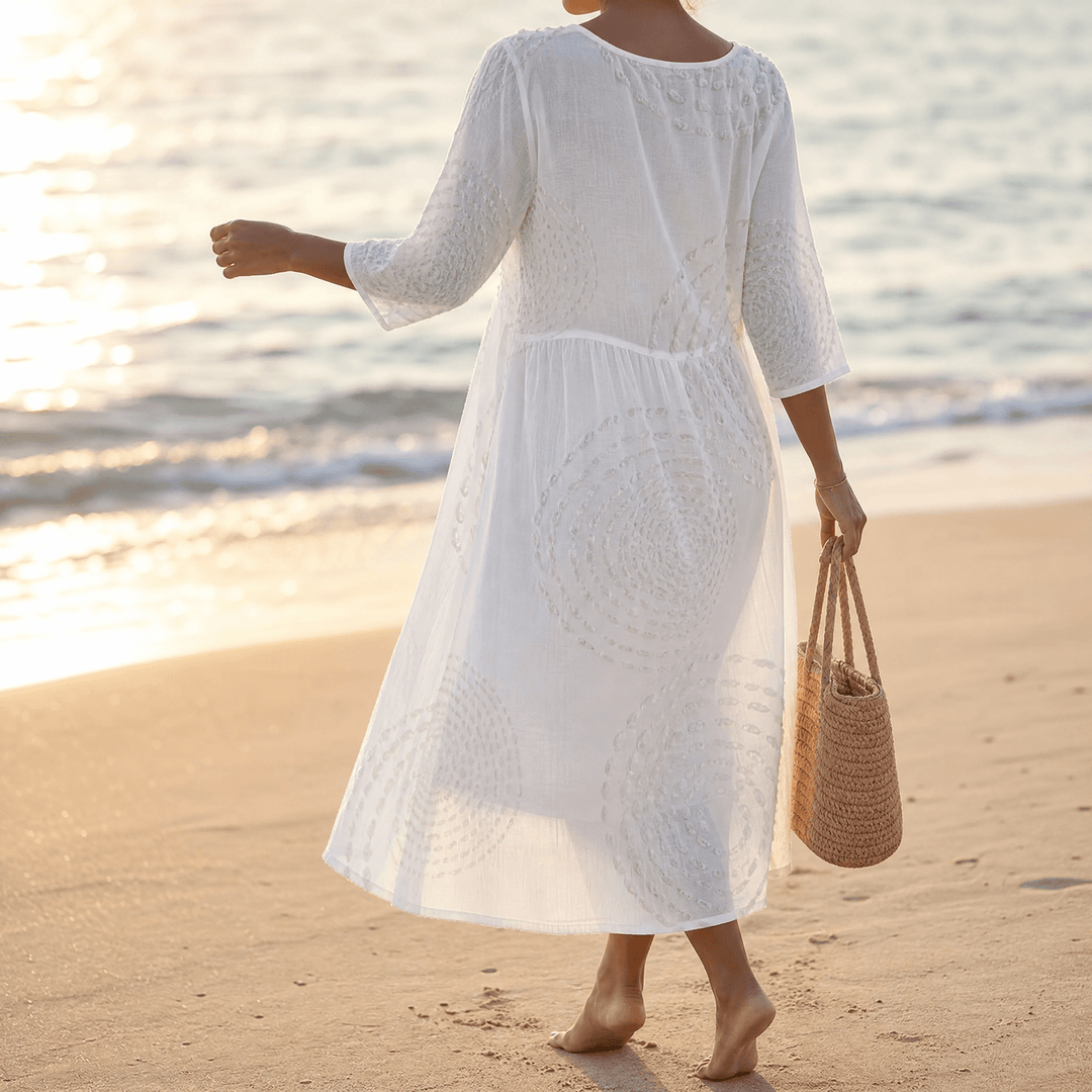 Tessara – Embossed Texture Midi Dress for Women White