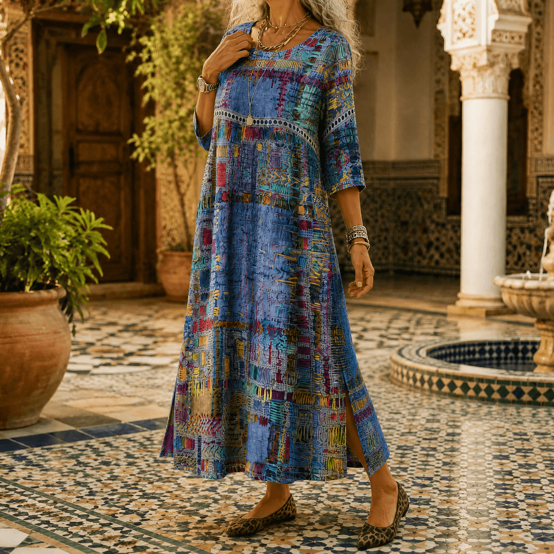 Tessara – Women's Painterly Patchwork Midi Dress Blue