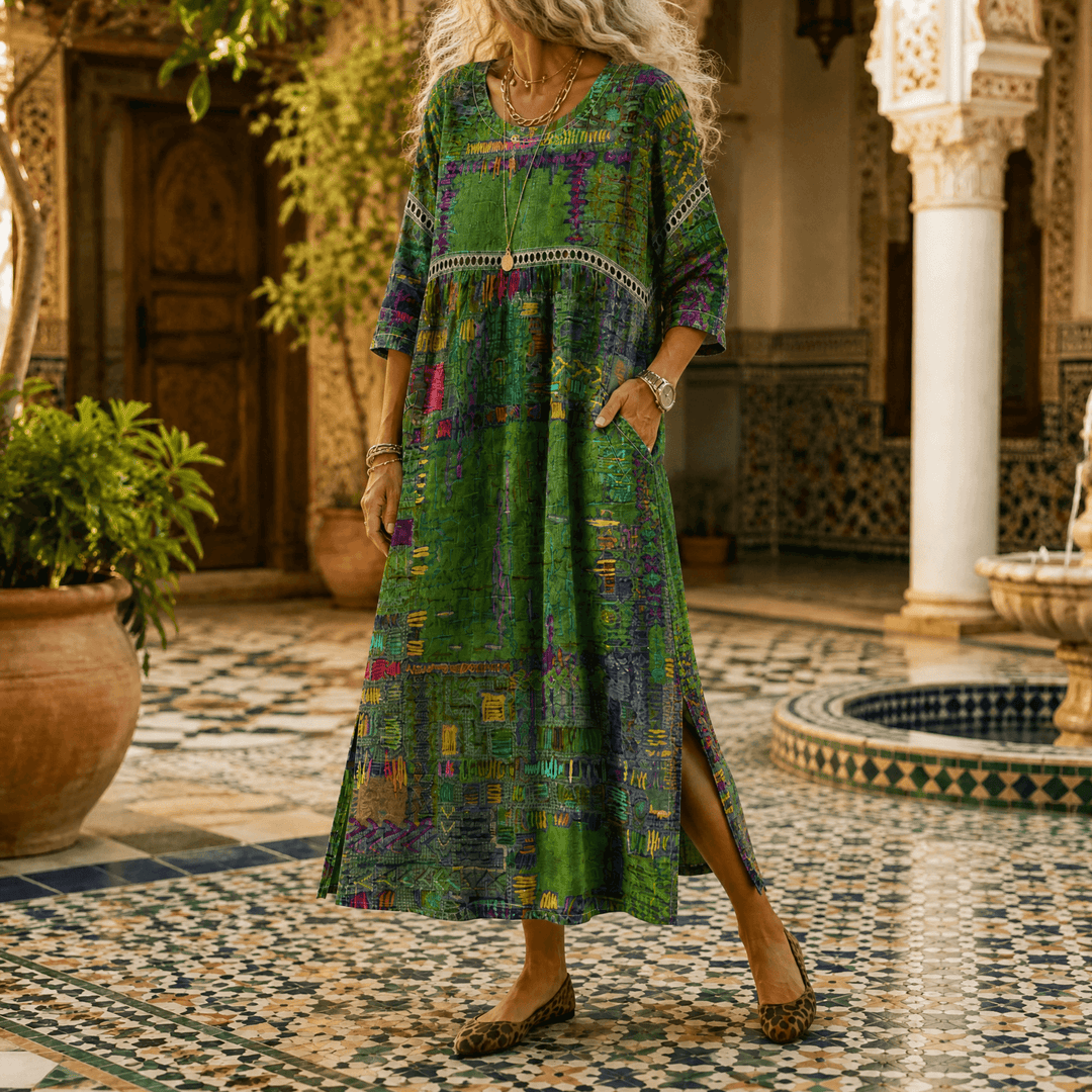 Tessara – Women's Painterly Patchwork Midi Dress Green