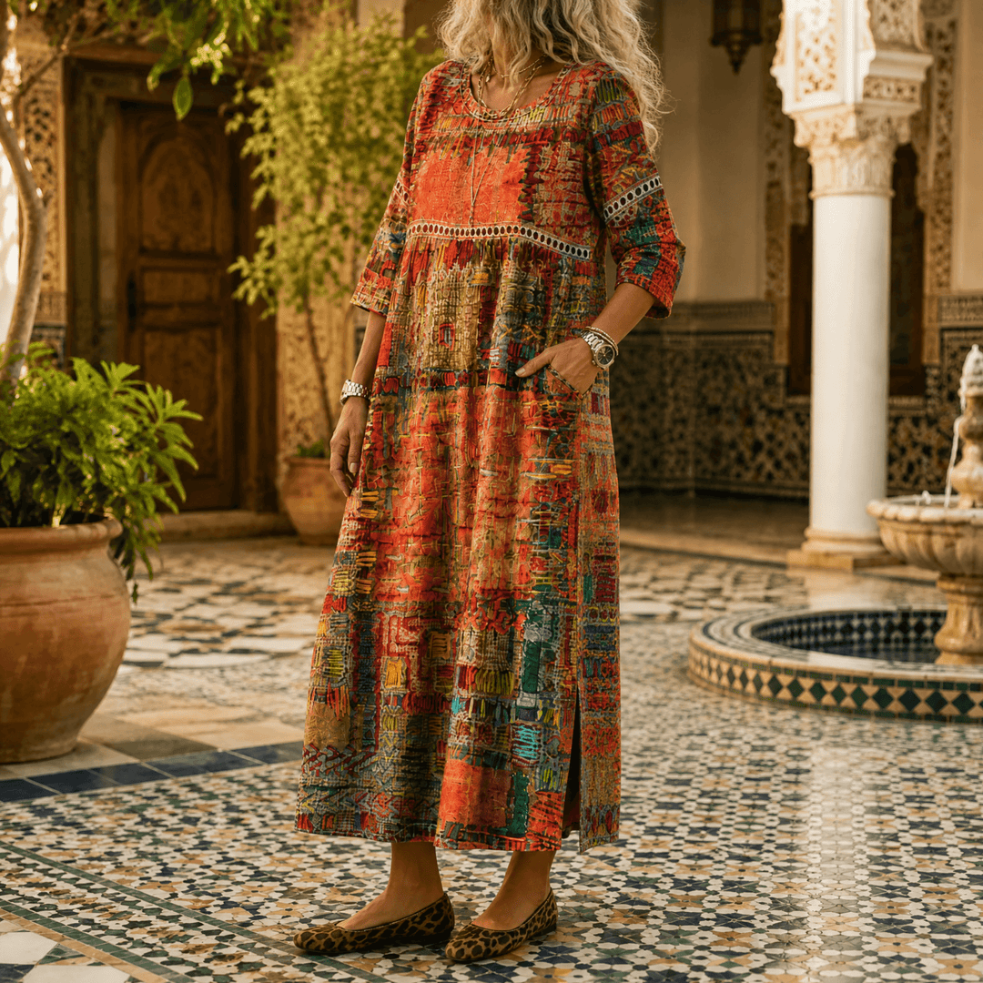 Tessara – Women's Painterly Patchwork Midi Dress Orange