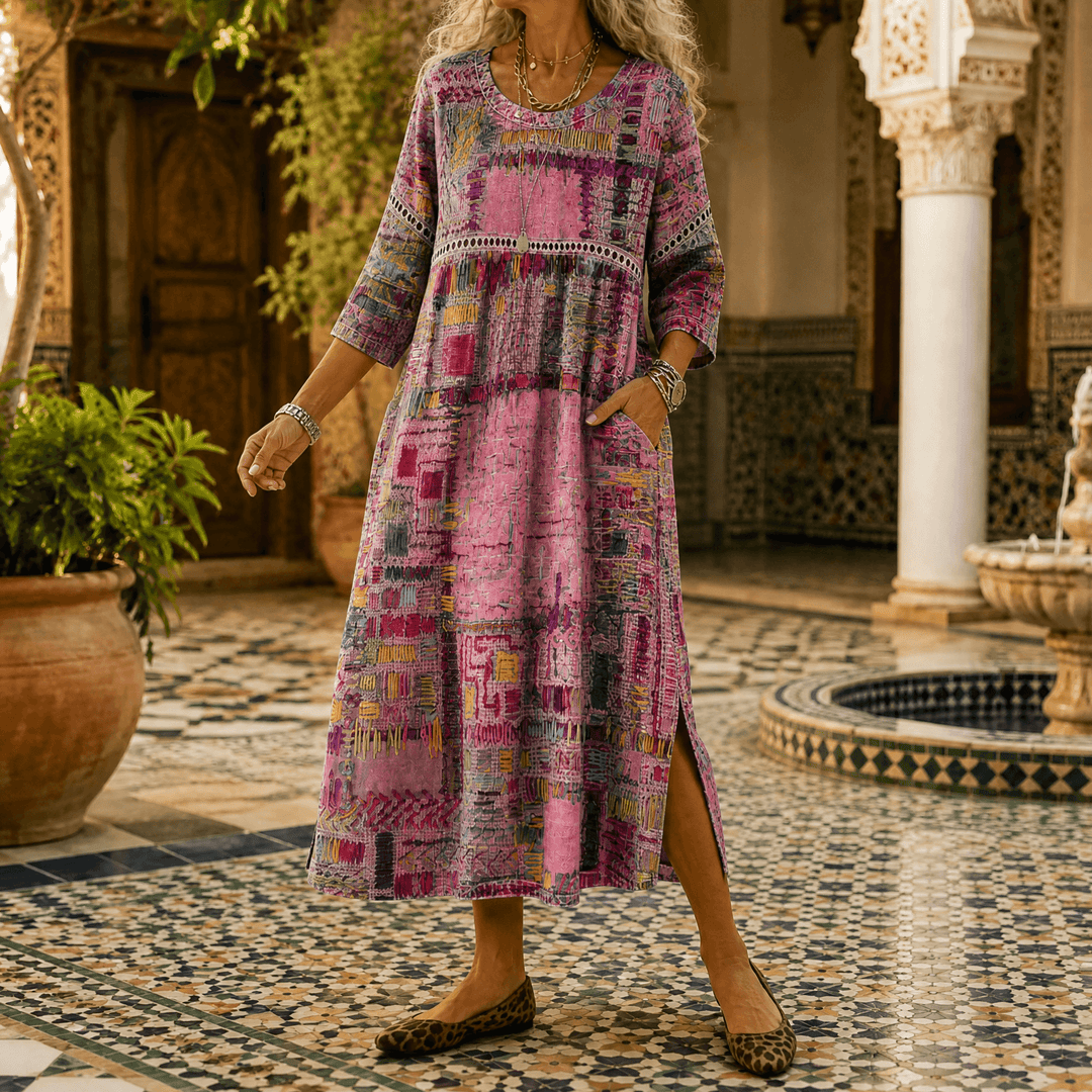 Tessara – Women's Painterly Patchwork Midi Dress Pink