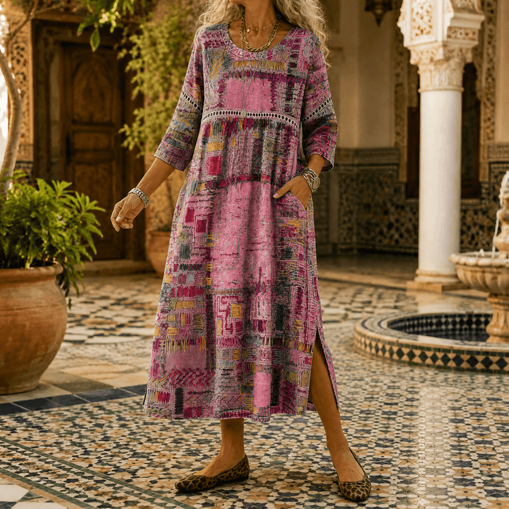 Tessara – Women's Painterly Patchwork Midi Dress Pink