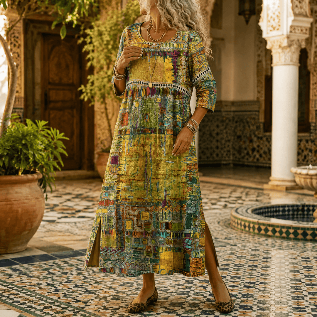 Tessara – Women's Painterly Patchwork Midi Dress Yellow