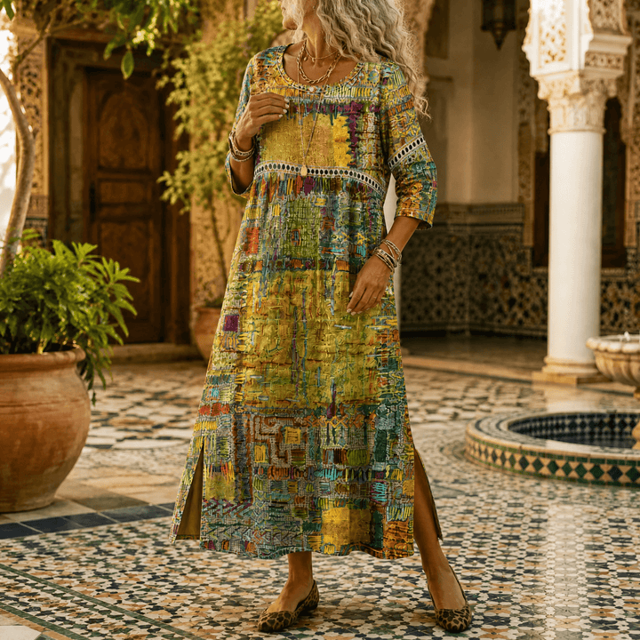 Tessara – Women's Painterly Patchwork Midi Dress Yellow
