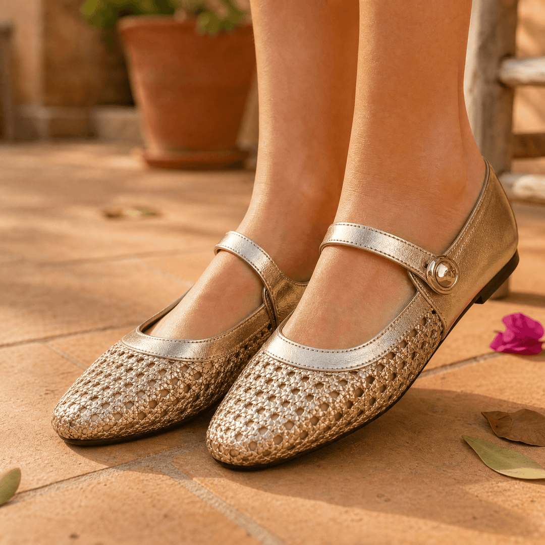 Tessara - Women's Woven Square Toe Mary Jane Flats Gold / 5