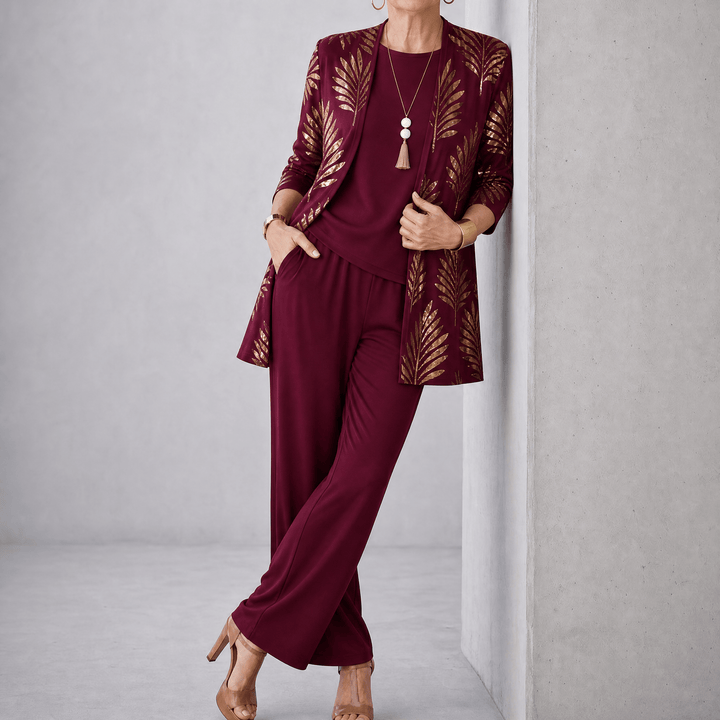 Trielle – Women's 3-Piece Printed Pantsuit Set, Duster, Shell and Wide-Leg Pants Burgundy Palm / S