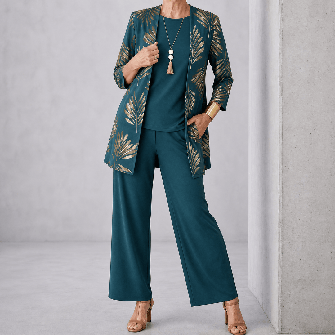 Trielle – Women's 3-Piece Printed Pantsuit Set, Duster, Shell and Wide-Leg Pants Green Palm / S