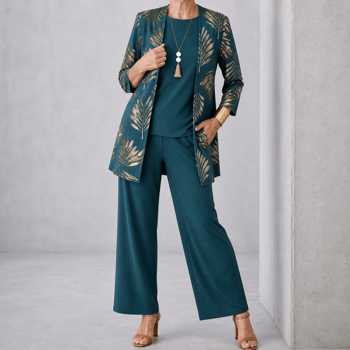 Trielle – Women's 3-Piece Printed Pantsuit Set, Duster, Shell and Wide-Leg Pants Green Palm / S