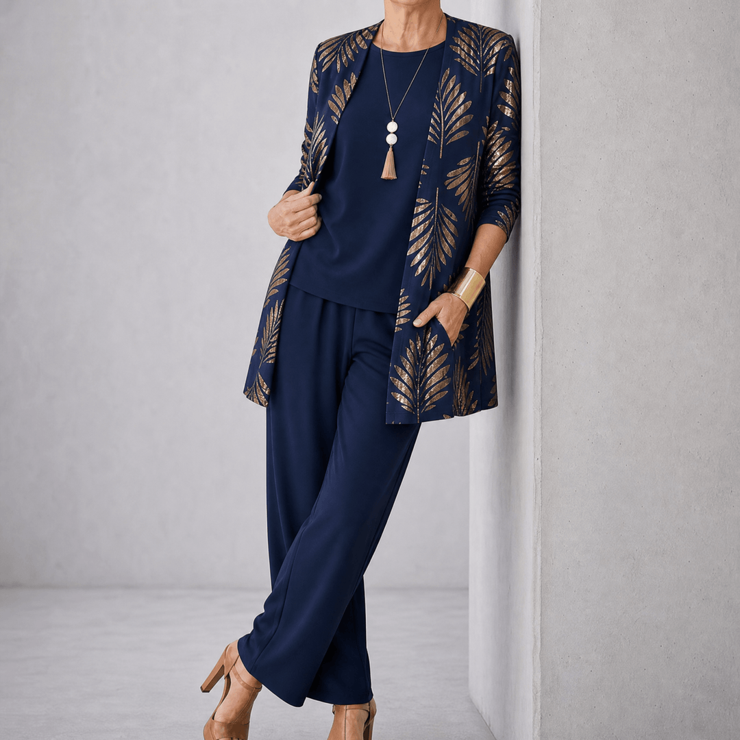 Trielle – Women's 3-Piece Printed Pantsuit Set, Duster, Shell and Wide-Leg Pants Navy Palm / S