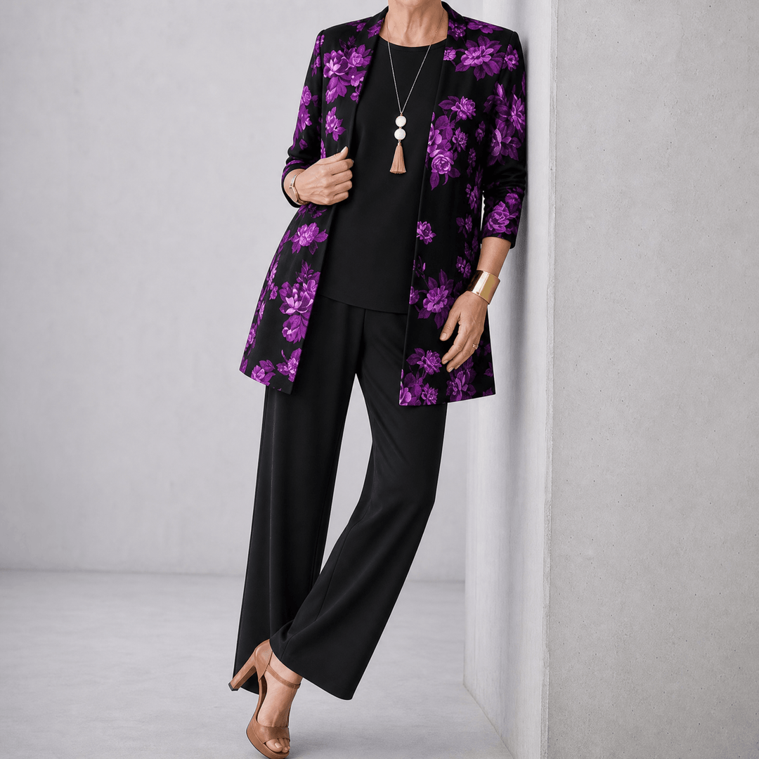 Trielle – Women's 3-Piece Printed Pantsuit Set, Duster, Shell and Wide-Leg Pants Purple Floral / S