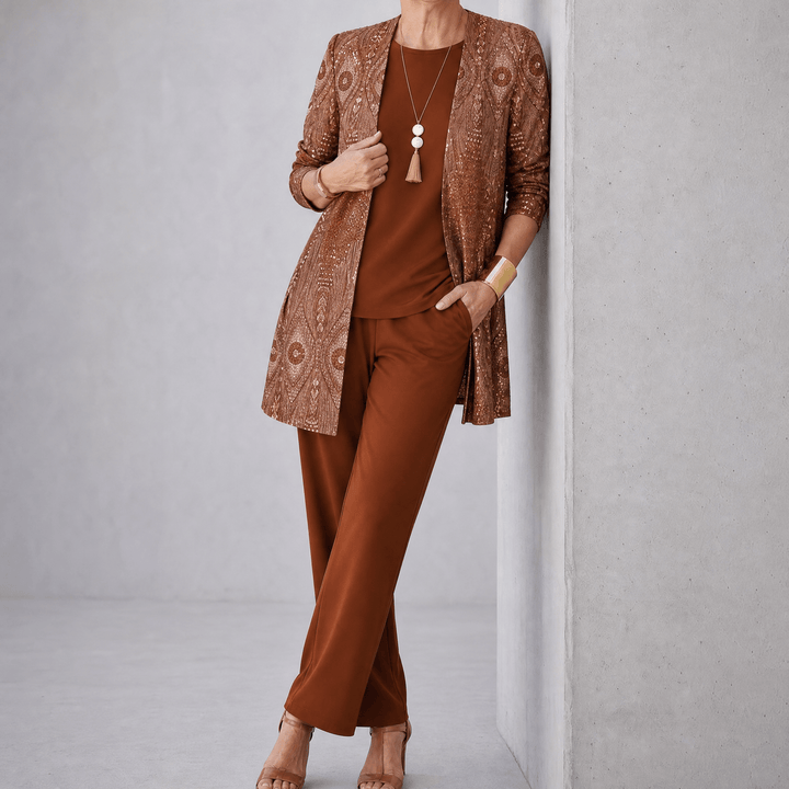 Trielle – Women's 3-Piece Printed Pantsuit Set, Duster, Shell and Wide-Leg Pants Rust / S
