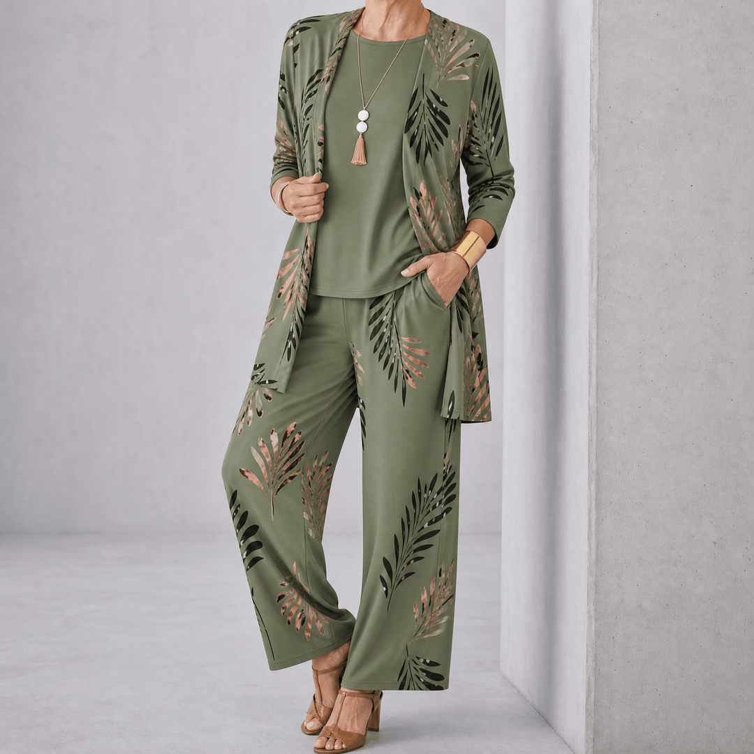 Trielle – Women's 3-Piece Printed Pantsuit Set, Duster, Shell and Wide-Leg Pants Sage Palm / S