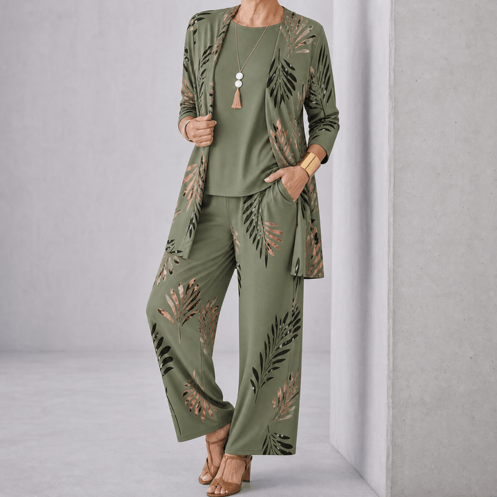 Trielle – Women's 3-Piece Printed Pantsuit Set, Duster, Shell and Wide-Leg Pants Sage Palm / S