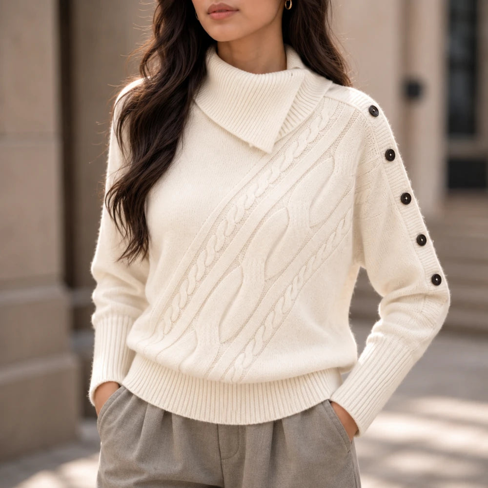 Drapella – Asymmetric Cable-Knit Button-Shoulder Sweater