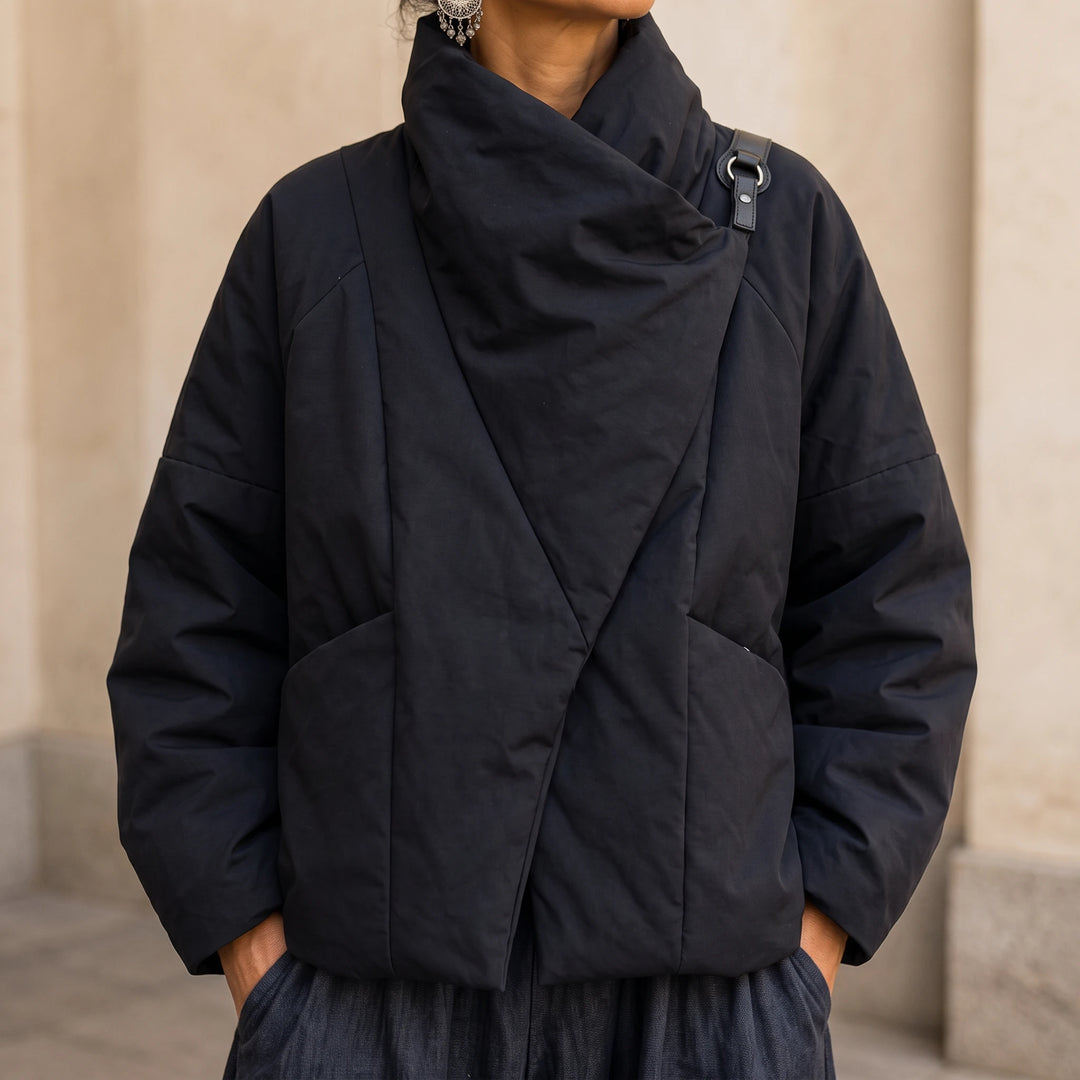 Veluna – Asymmetric Draped-Neck Puffer Jacket