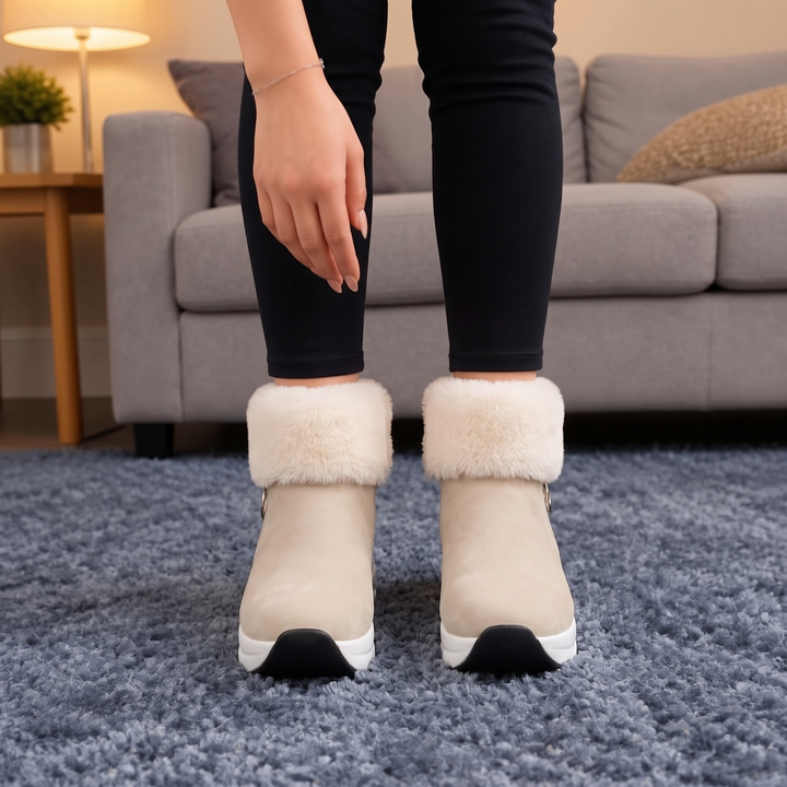 Veluna – Plush Fur-Cuff Chunky Ankle Boots