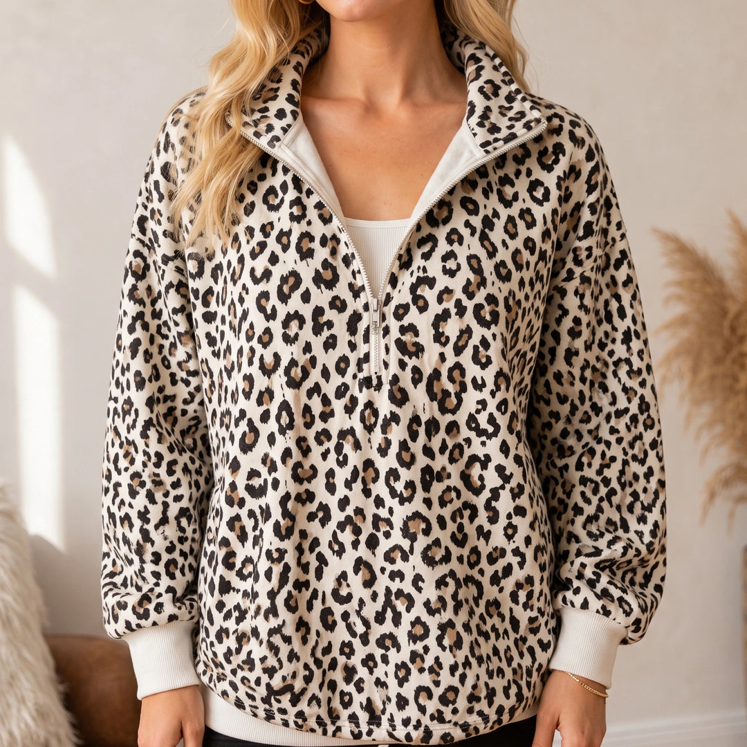 Roamprint – Leopard Print Oversized Quarter-Zip Sweatshirt
