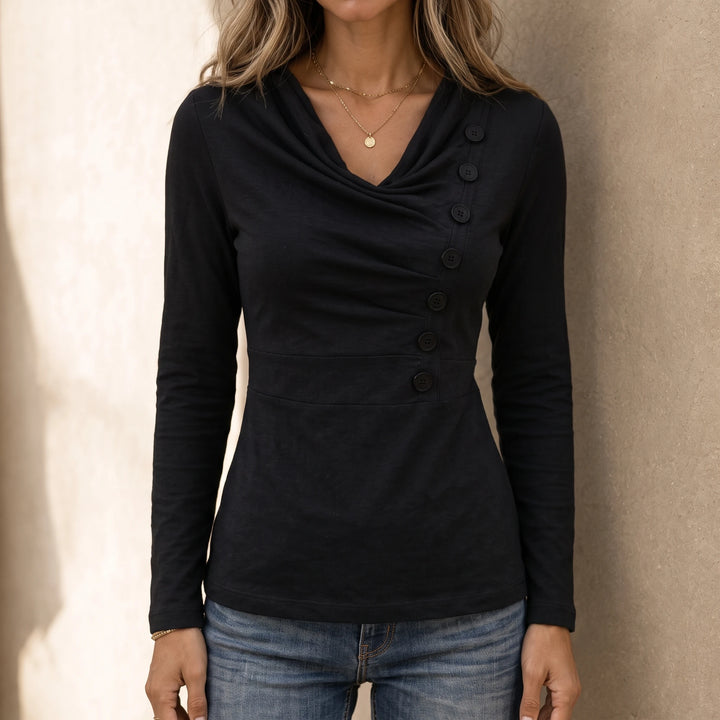 Vivelyn – Draped Neck Color-Block Button Shirt