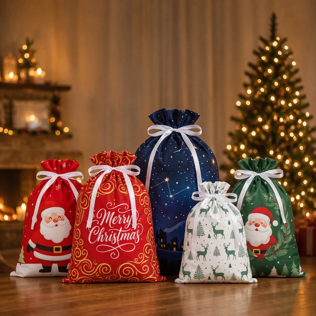 Tinsel Tuck – Assorted Christmas Drawstring Gift Bags