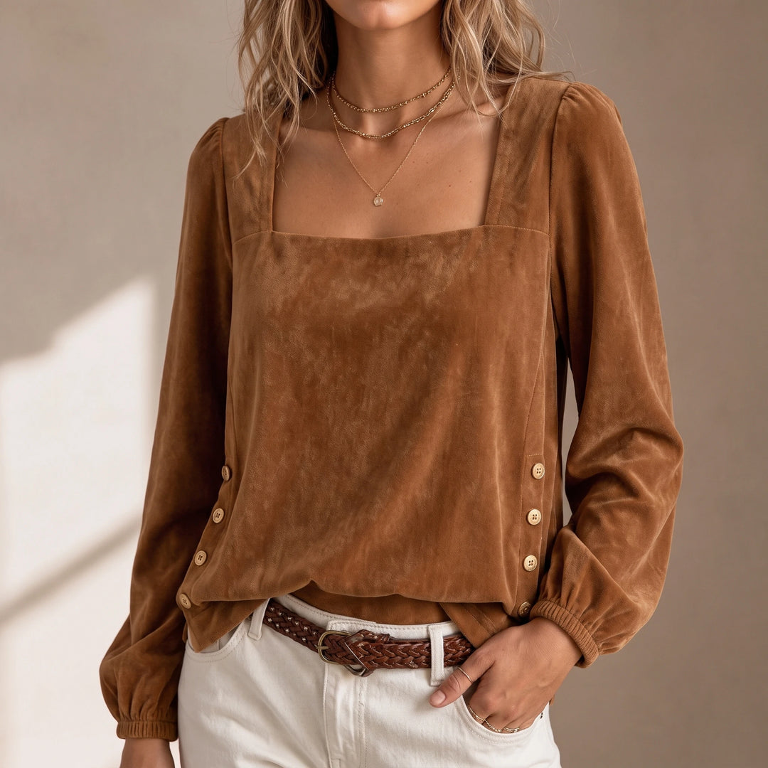 Elara – Square Neck Button-Accent Blouse