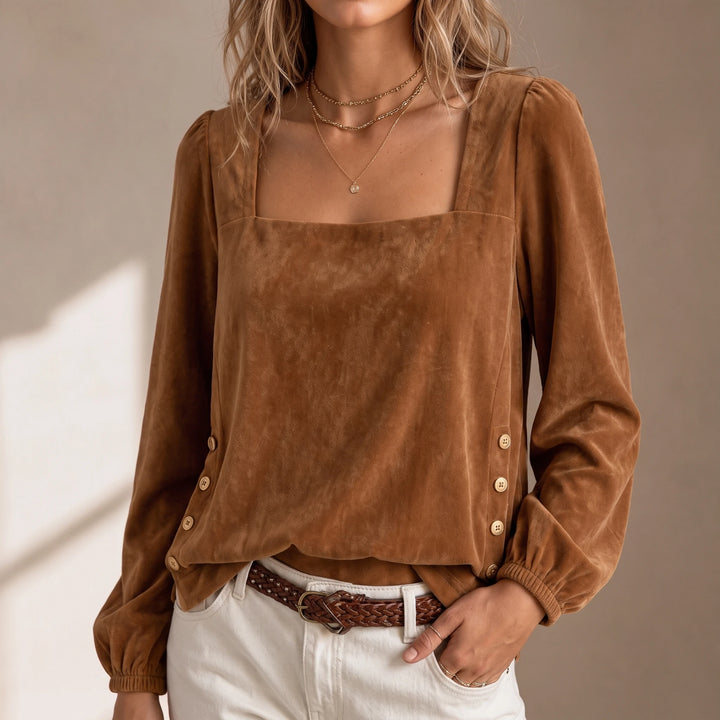 Elara – Square Neck Button-Accent Blouse
