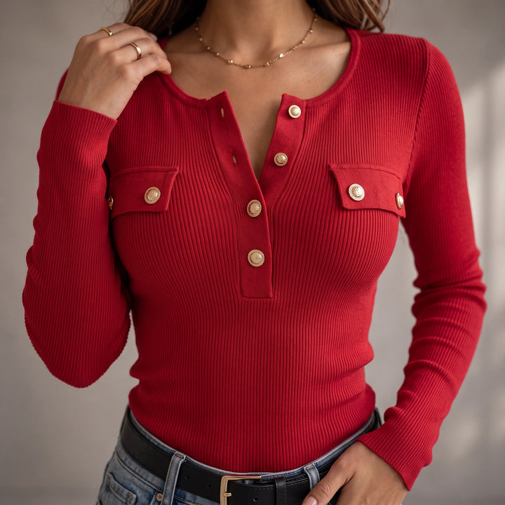 Ribella – Gold-Button Ribbed Henley Top