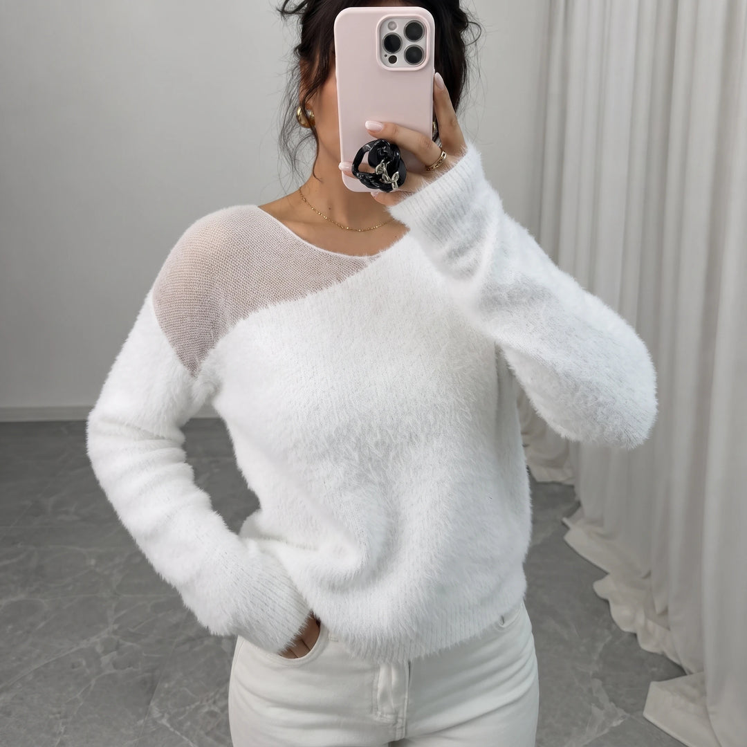 Veloura – Sheer-Shoulder Faux-Mink Sweater