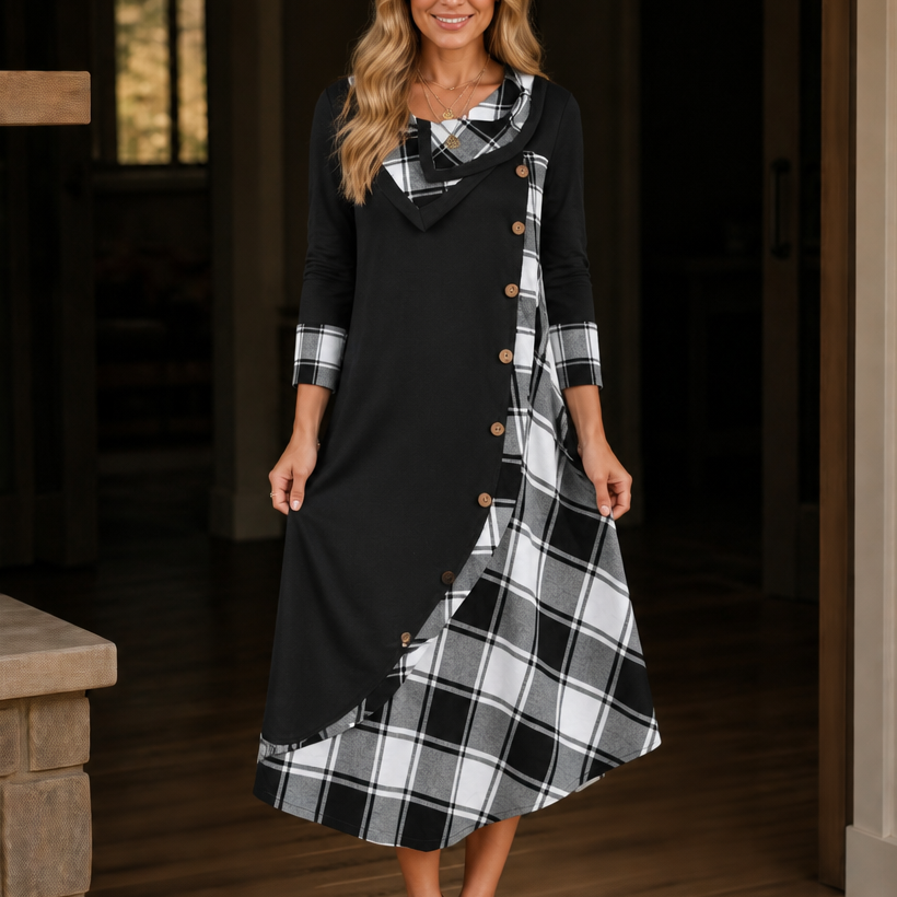 Wovelle – Plaid Patchwork Cowl Neck Midi Dress