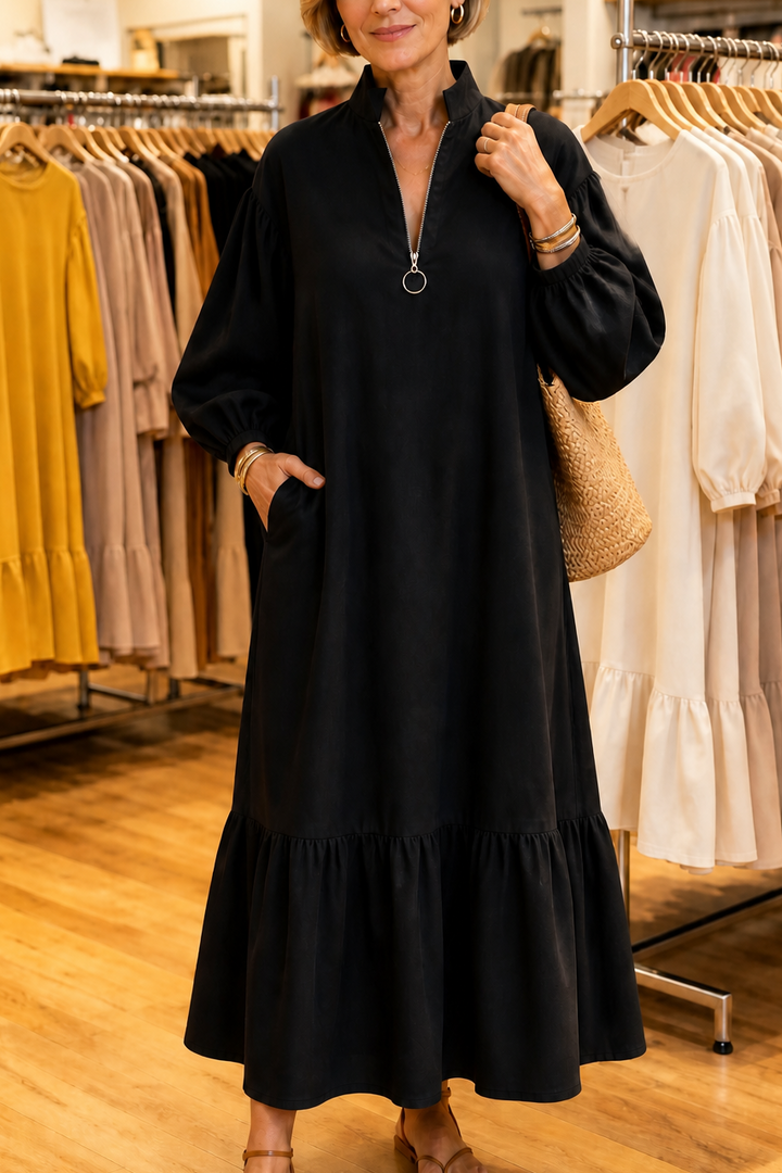 Wearbella – Half-Zip Stand-Collar Lantern-Sleeve Dress