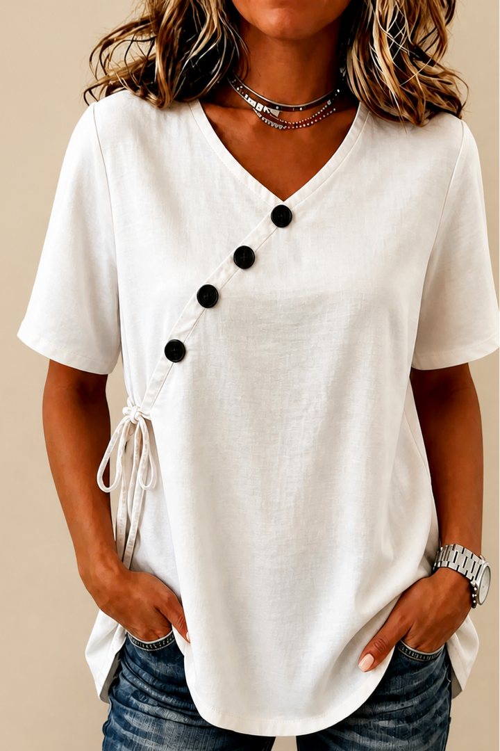 Wearbella – Side-Tie Diagonal-Button V-Neck Top