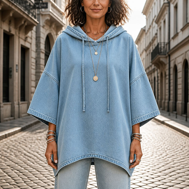 Wearlow – Oversized Washed Denim Look Hooded Poncho