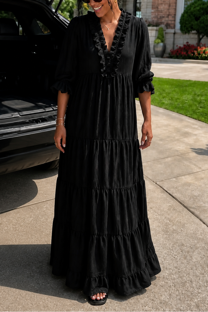 Breezalyn – Tiered Ruffle V-Neck Maxi Dress