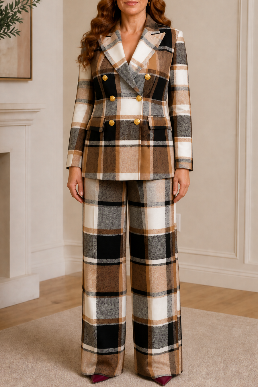 Composure – Plaid Double-Breasted Blazer & Wide-Leg Pants Set