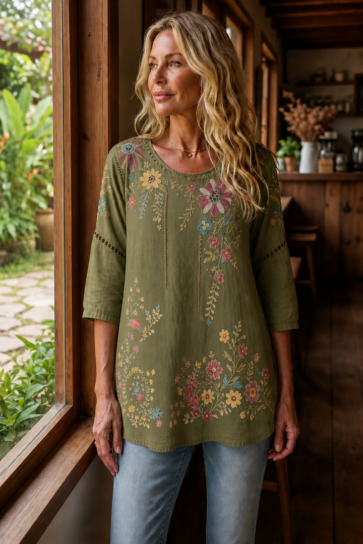 Vellamore – Floral Print Three-Quarter Sleeve Tunic Top