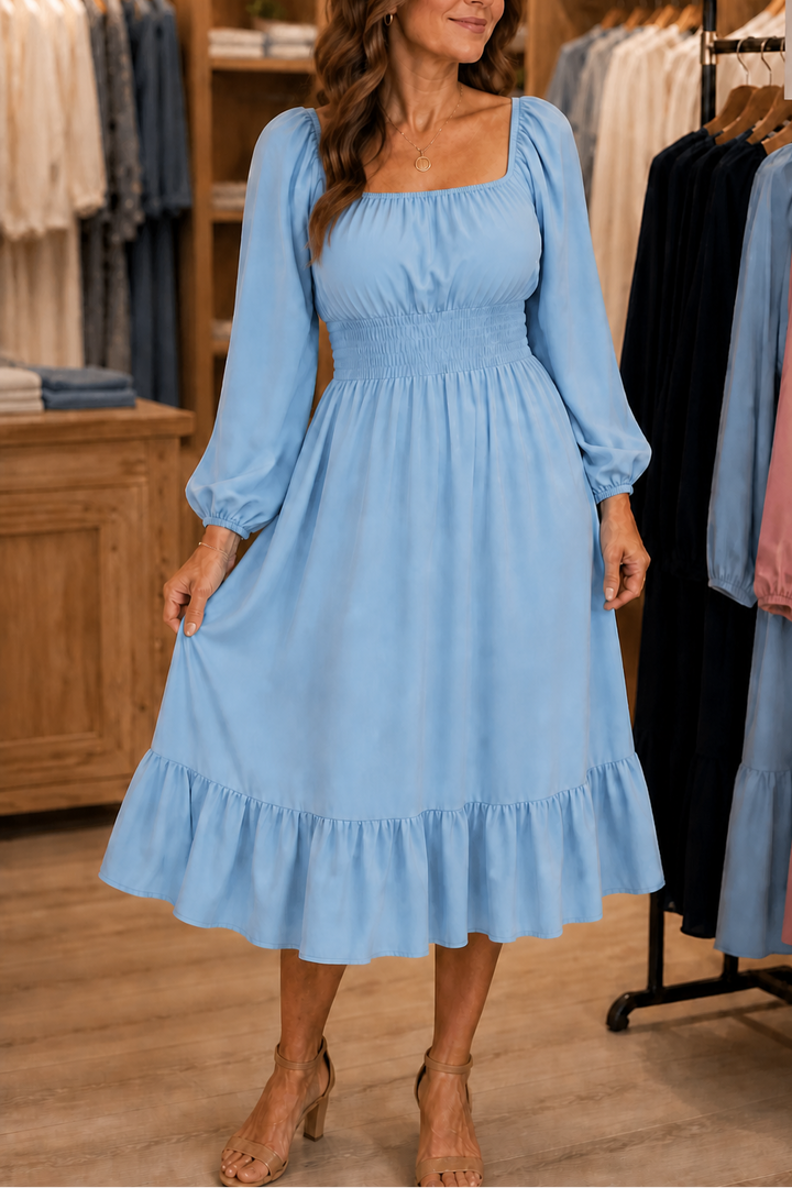 Trucewear – Smocked Square Neck Ruffled Midi Dress