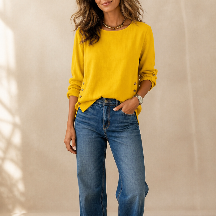Lunalin – Side-Button Relaxed-Fit Linen Blend Top