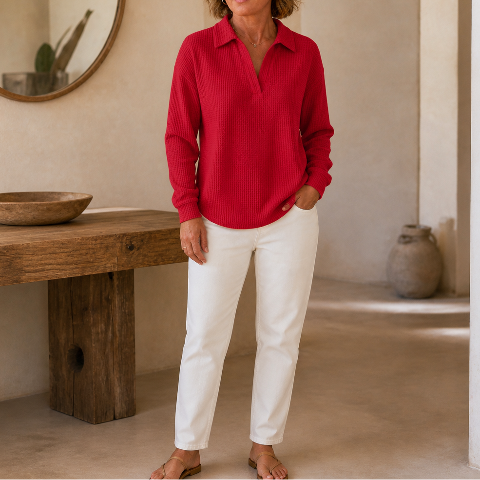 Waffelou – Collared V-Neck Waffle-Knit Oversized Top