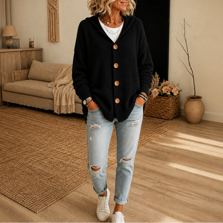 Hoodwell – Hooded Button-Front Knit Cardigan