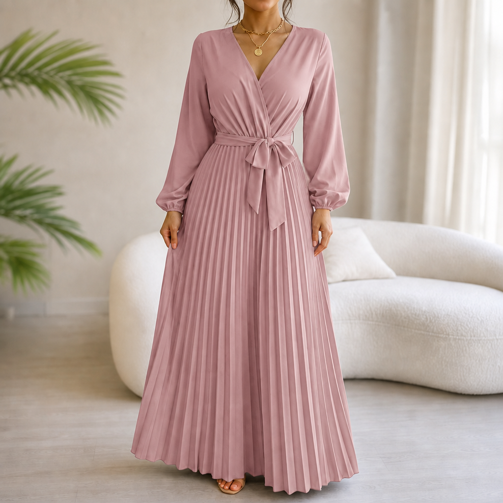 Lunavia – Pleated Wrap-Neck High-Waisted Maxi Dress